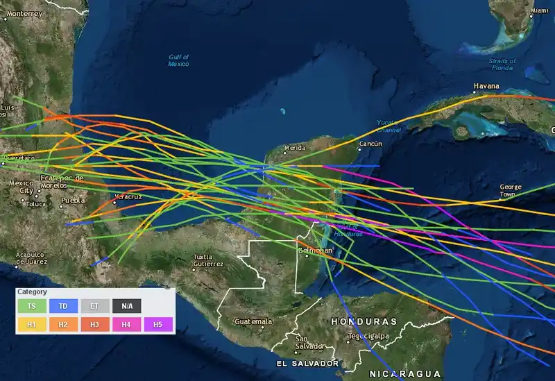 Historical hurricane tracks near Campeche