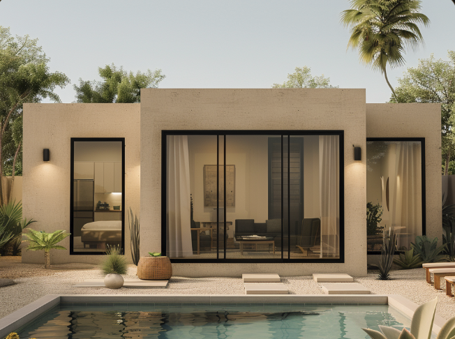 Modern low-profile coastal residence with large windows and terrace